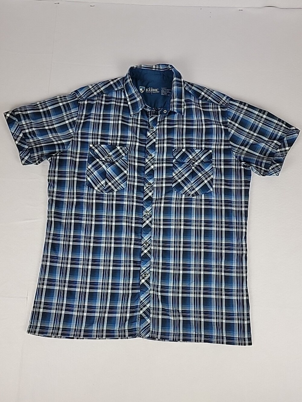 Kuhl Eluxur Men's Blue and White Plaid Short-Sleeve Snap Button-Up Shirt Size L